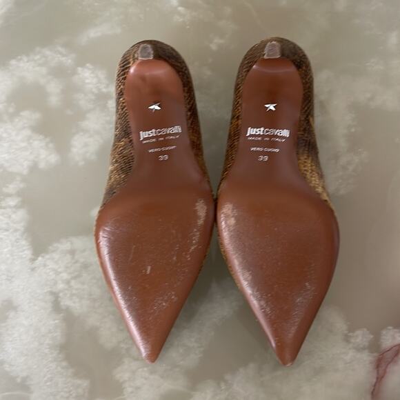 Just Cavalli  Women Shoes Heel Pumps Pointed Toes Snakeskin Stiletto Brown SZ 39 - Picture 7 of 11